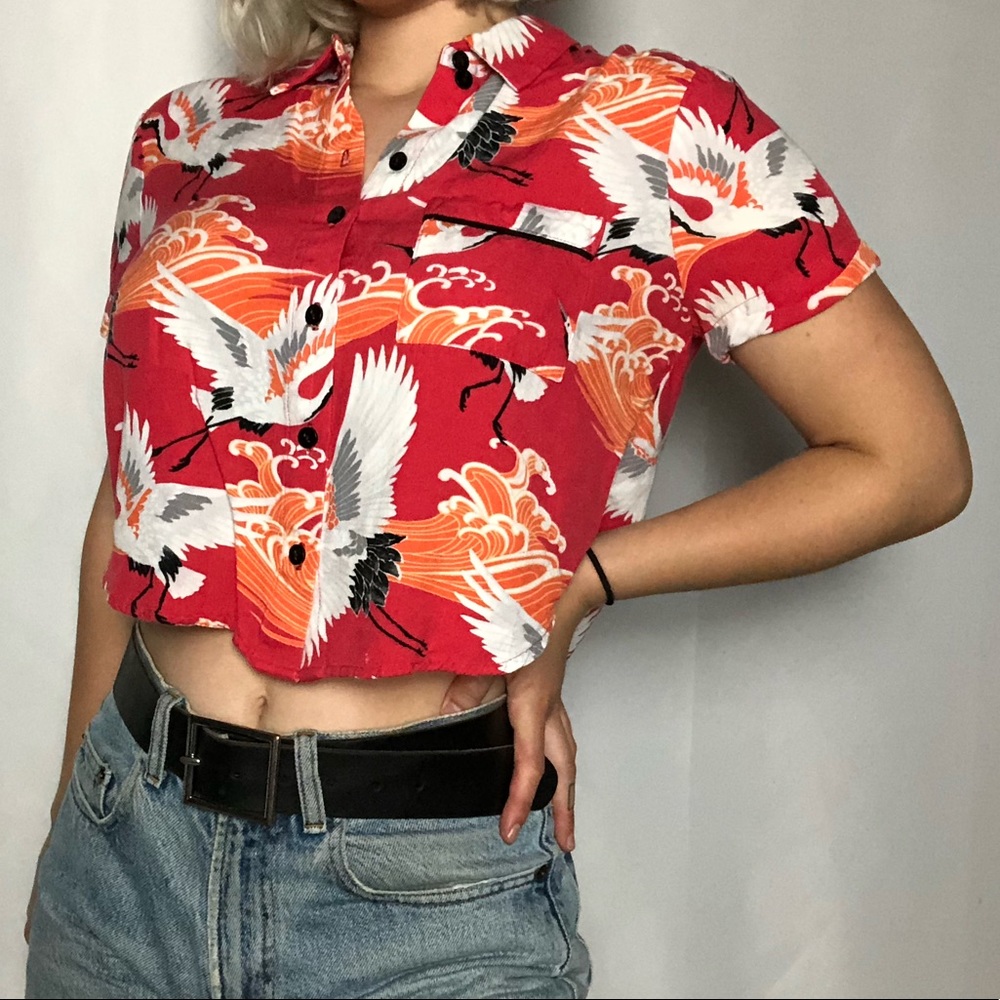 Crane Print Cropped Button-Down